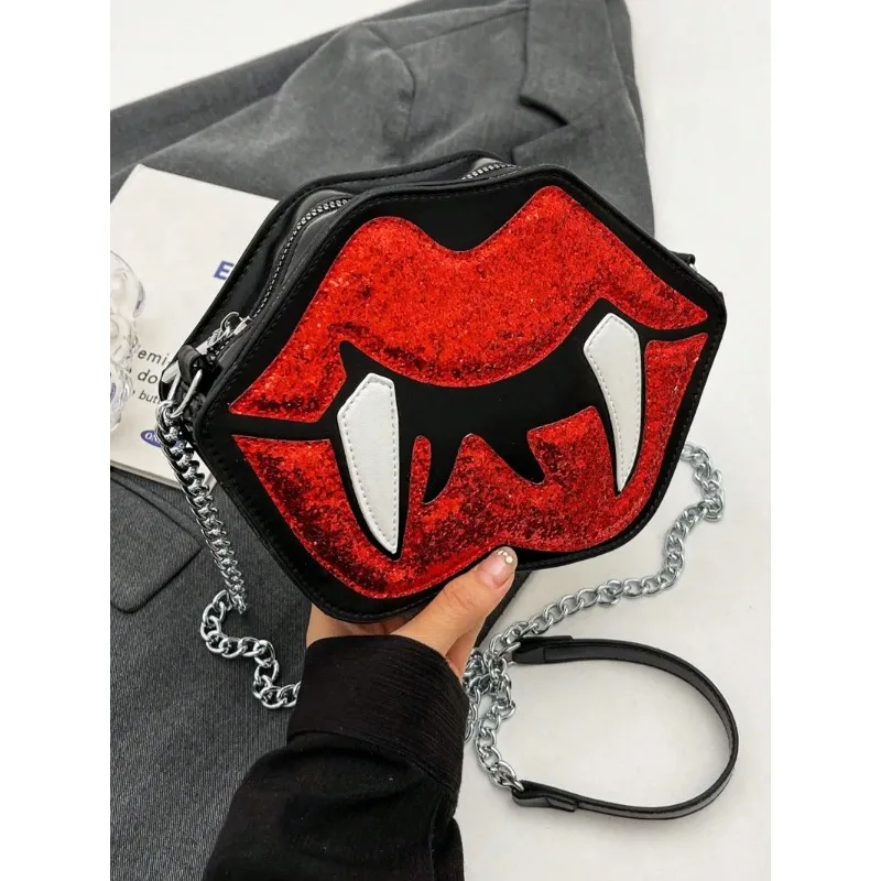 

New 2024 Halloween Printed Vampire Lips Shaped Novelty Crossbody Bag Gothic Style Creative Chain Phone Lipstick Coin Bag Wallet