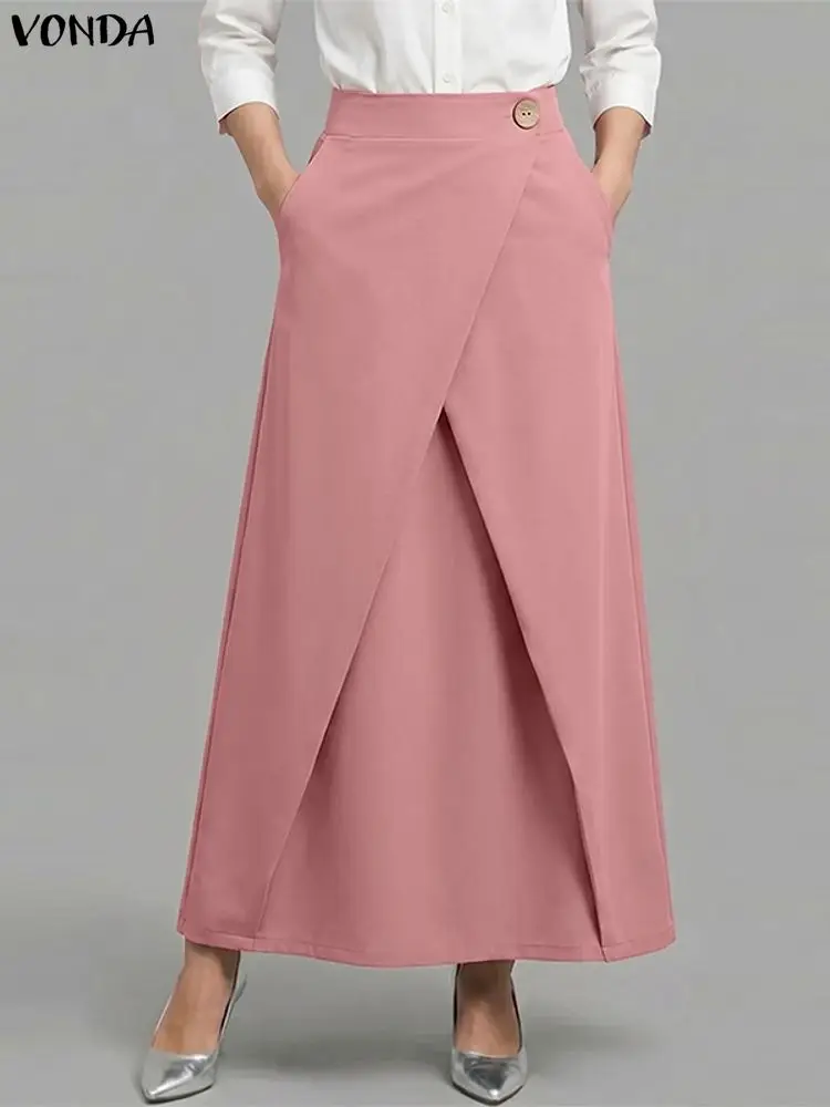Plus Size Skirts 2026 VONDA Women Solid A-Line Overskirts Pocket Elegant Patchwork Bottoms Europe and America Style 5XL Clothes