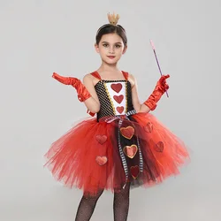 Red Queen of Hearts Dresses Disney Alice in Wonderland Fancy Baby Girl Clothes Carnival Halloween Outfit Crown Magic Stick Gown