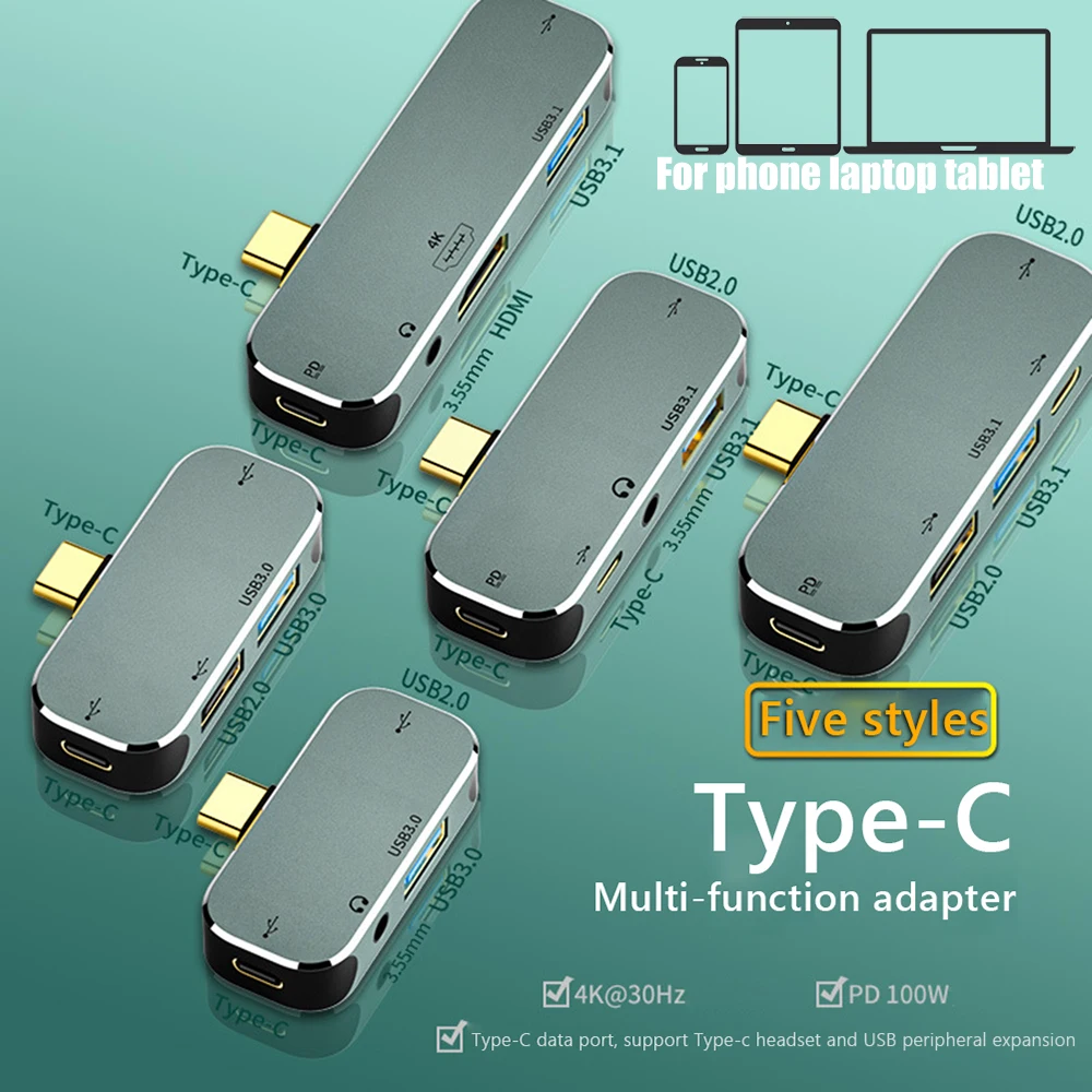 

Многофункциональный концентратор 6 в 1 Type-C 3,55 мм аудио PD100W USB3.0/USB2.0/USB3.1 HDMI-совместимый USB удлинитель для телефона ноутбука планшета