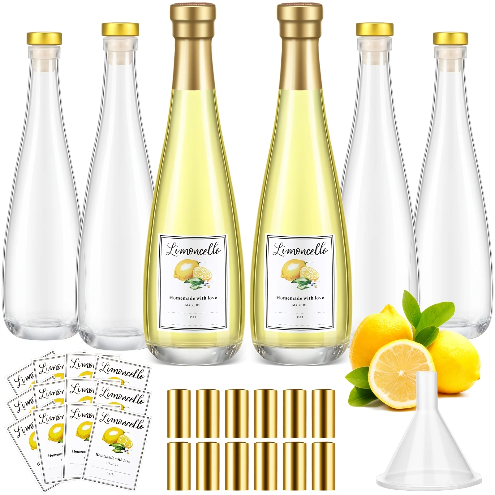 

Set of 6 Clear 11 oz (330 ml) Lemoncello-Style Glass Bottles with Snap-Seal Lids and Printable Labels — Ideal for Storing Homemade Liqueurs, Infused Spirits, or Small-Batch Beverages; Sleek Design, Easy to Fill and Seal, Great for Gifting or Personal Use