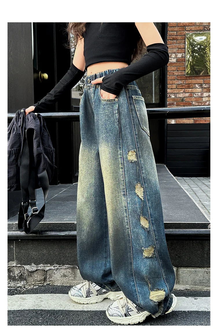 Neue, stylische Jeans für Kinder mit weitem Bein, Used-Look und seitlichen Löchern, für Mädchen, zerrissene Denim-Hosen, Alter 5-14 Jahre. – Detail 10