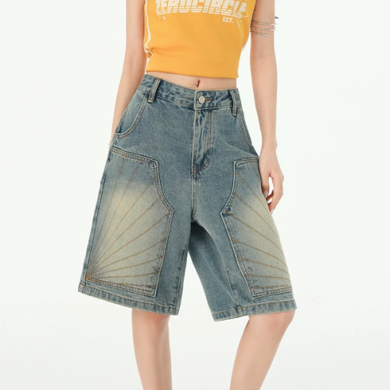

Vintage Washed Y2k Jorts Women Streetwear Baggy Blue Denim Shorts Oversized Harajuku Aesthetic Knee Length Jeans
