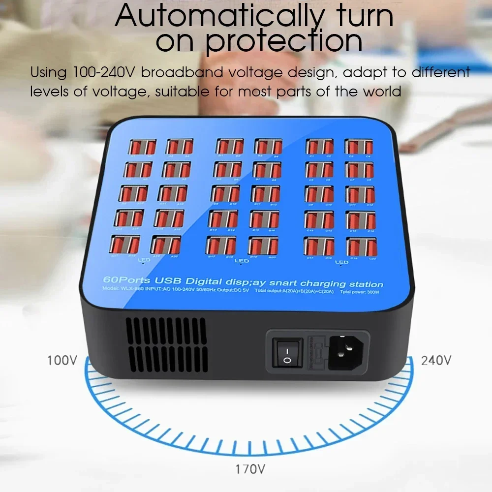 300W/200W/100W 10/20/40/60 Ports USB Charger Display For Android iPhone Adapter Multifunctional HUB Charging Station Dock Socket