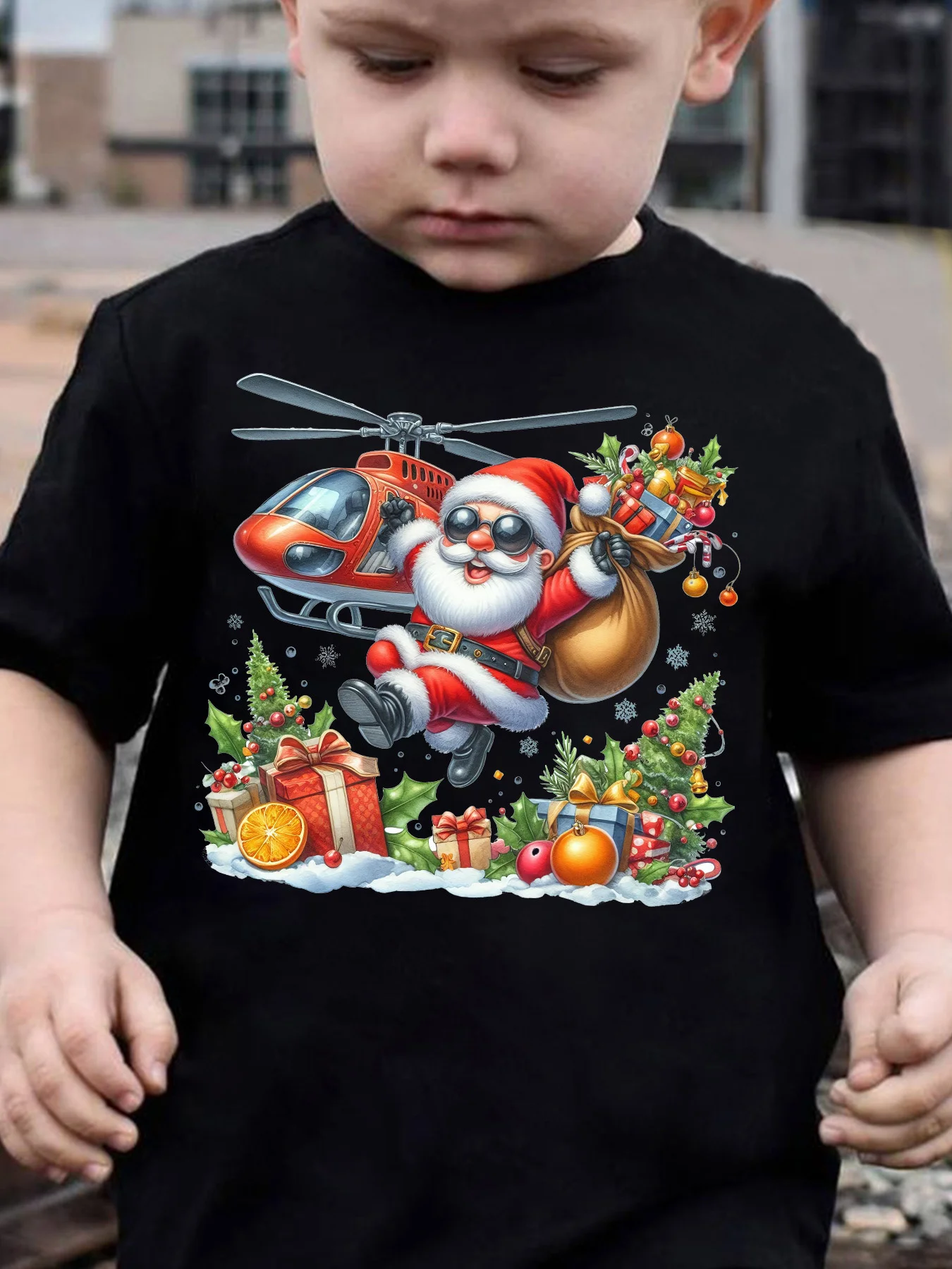 Kids Boys Girls Family Matching T Shirt Santa Helicopter Christmas Gift Box Tree Graphic Print Short Sleeve Crew Neck Tee Tops