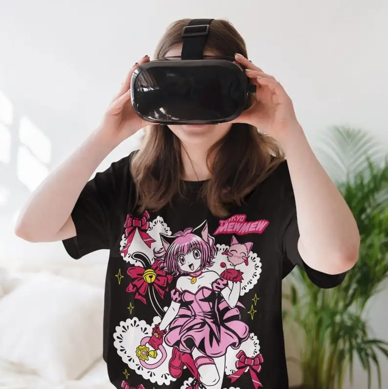 Tokyo Cat Peach Palace Berry Magic Girl Printed Round Neck T-shirt for Men and Women Anime Character Short Sleeve Street Top