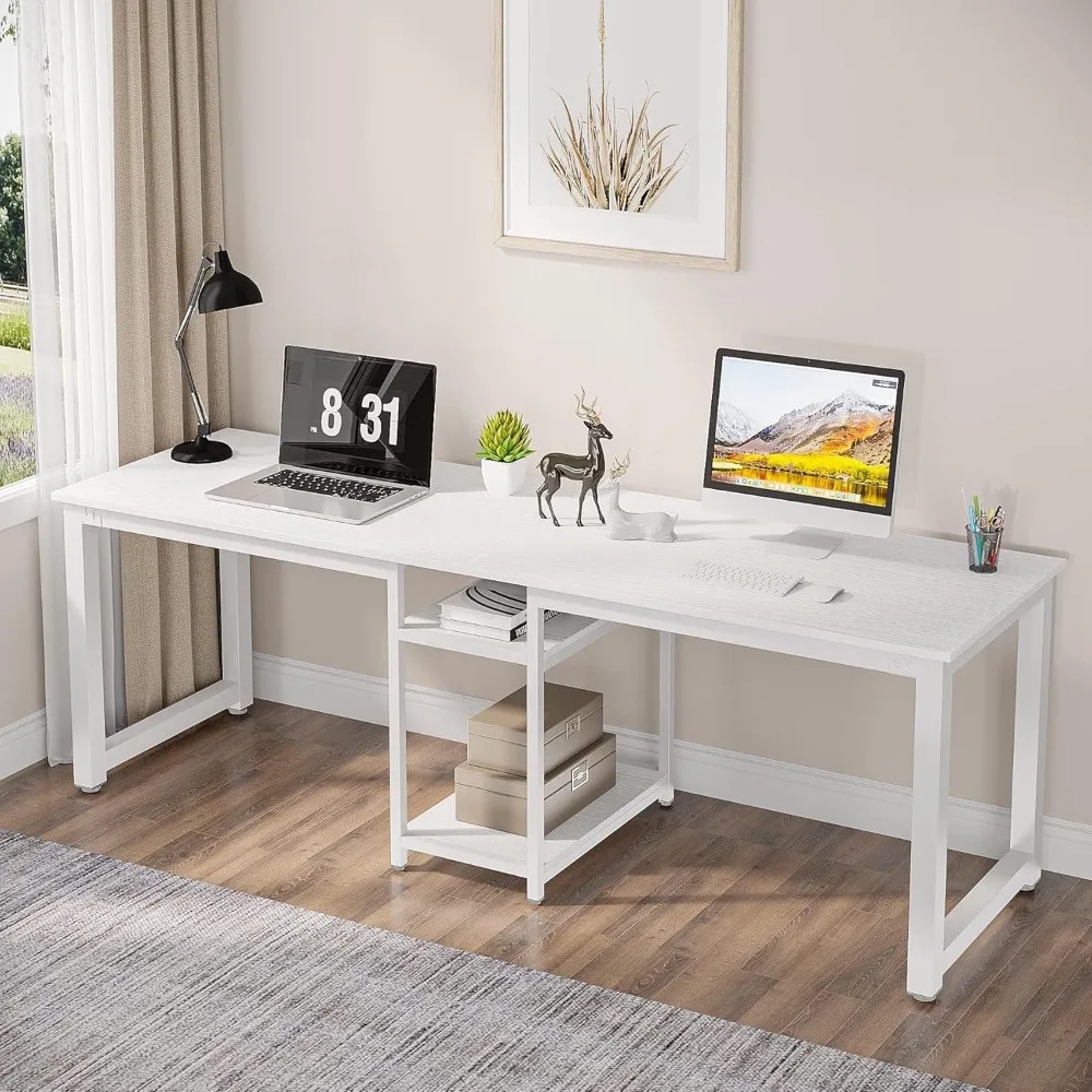 

78 Inches Computer Desk, Extra Large Two Person Office Desk with Shelf, Double Workstation Desk for Home Office(White)