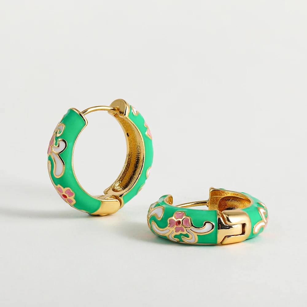 Colorful Enamel Flower Small Hoop Earrings Trendy Geometric Statement Round Circle Huggie Earring Vintage Jewelry Brincos