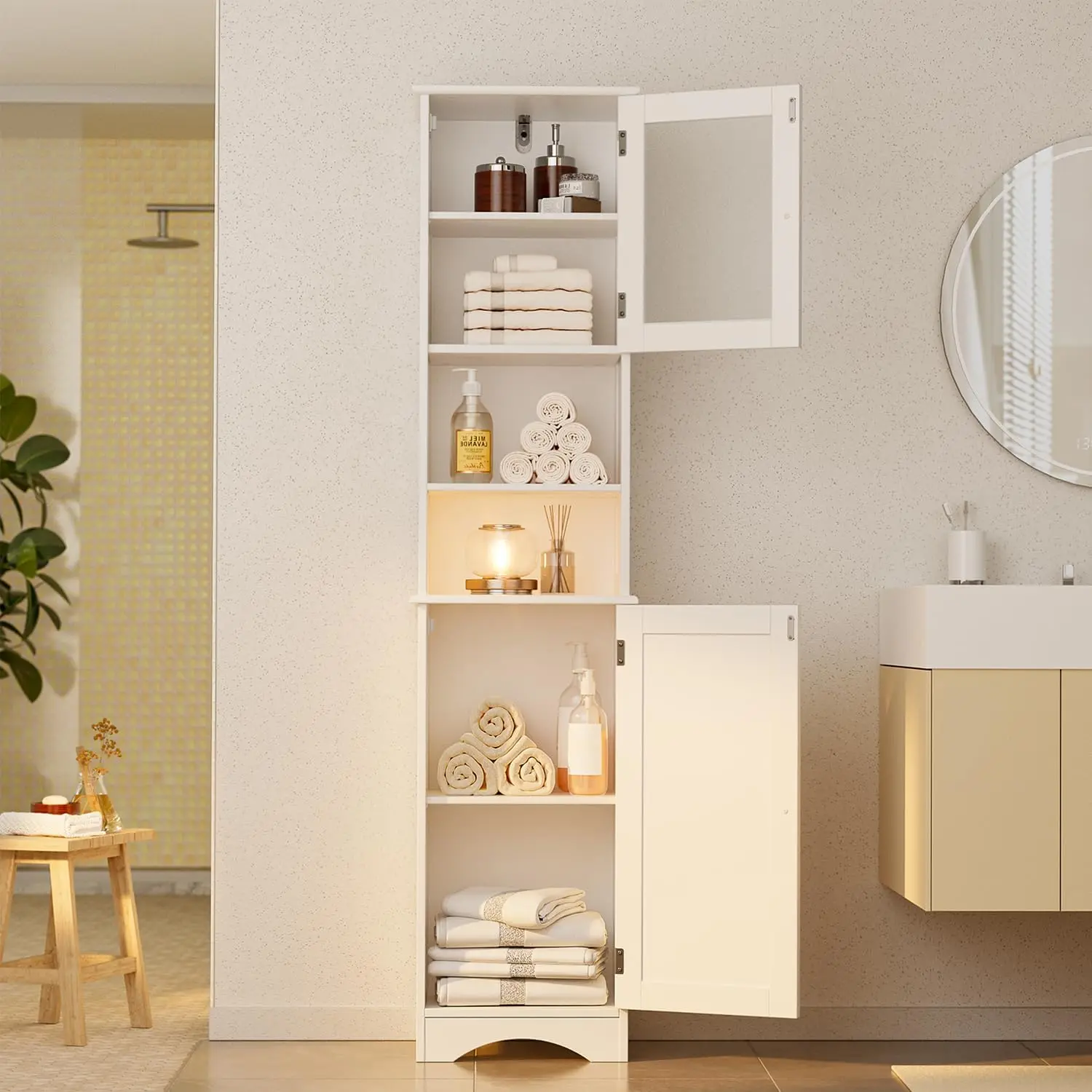 

67.1" Tall Bathroom Cabinet with Adjustable Shelves, Narrow Tall Linen Tower with Open Shelves, 2 Doors Freestanding Cabine