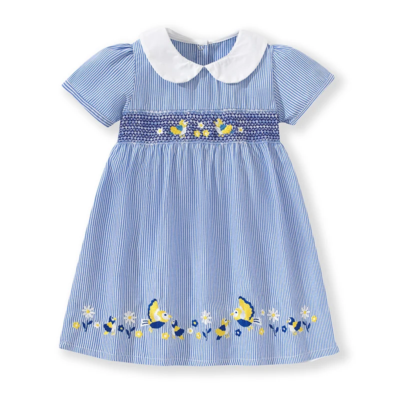 Little maven Girls Peter Pan Collar Dress Summer Animal Birds with Flowers Appliques Baby Girls Party Dresses for Kids Clothes