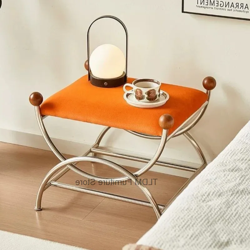 Footrest Curved Hallway Metal Frame Multi-purpose Stool Woven Bench Cushion Wooden Dressing Ball Decor Cross