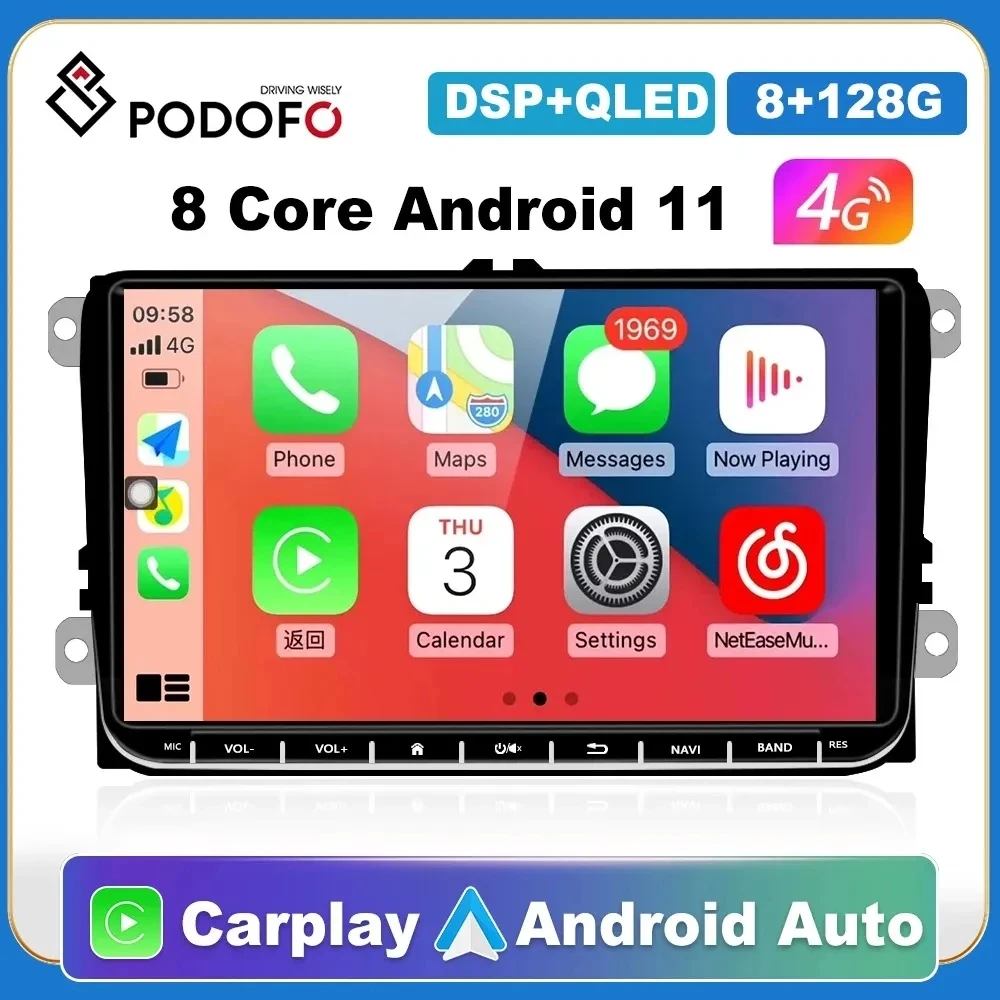 Podofo Android Car Radio CarPlay For VW Volkswagen Golf  Polo Skoda Rapid Octavia Tiguan Passat B7 Stereo Multimedia Player GPS