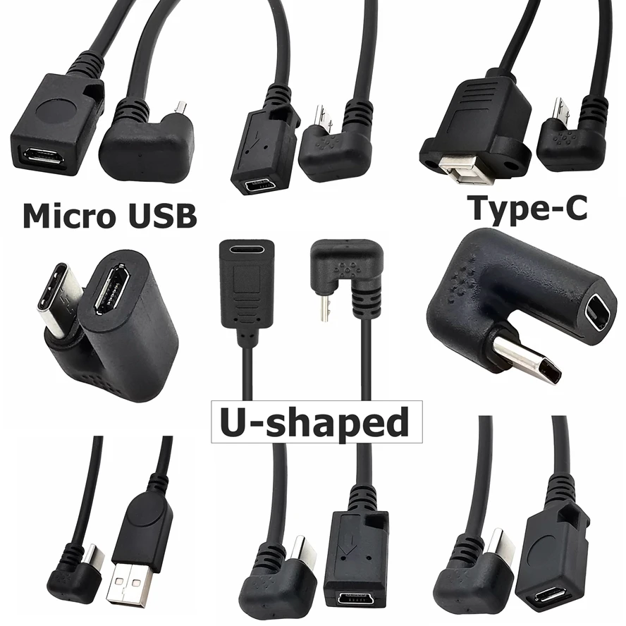 U-vormige hoek Micro USB USB 3.1 Type C Man-vrouw Micro Mini Type-C otg USB-C Oplaadgegevensconverter Adapterkabel 30CM