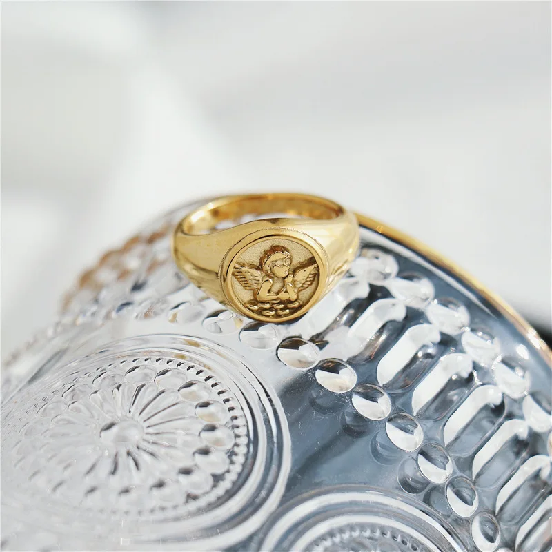 Angle Cupid Ring for Men Women Round Seal Gold Color Titanium Steel Accessories Vintage Charm Wedding Engagement Jewelry(GR295)