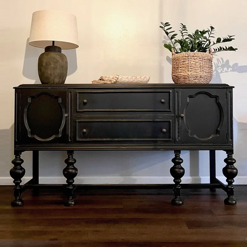 French Retro Neoclassical Black Sideboard Cabinet for Dining Room Living Room Wall Storage Partition Console Table