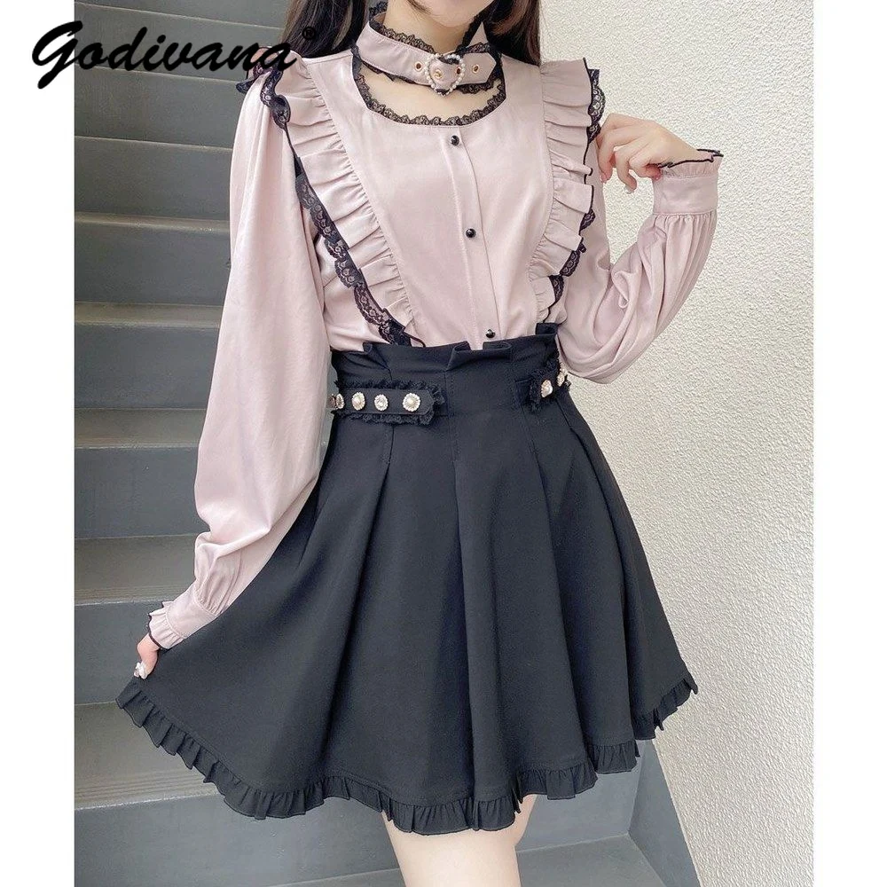 

Rojita Shirt for Women Spring and Autumn Japanese Mine Heart-Shaped Buckle Ruffled Long Sleeve Shirt Slim Lolita Blouse Tops