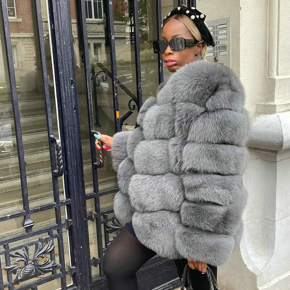 BFFUR Light Grey Fox Fur Jacket Round Collar Women Winter Fashion Medium Length Genuine Fox Fur Coat Female Luxury Outwear