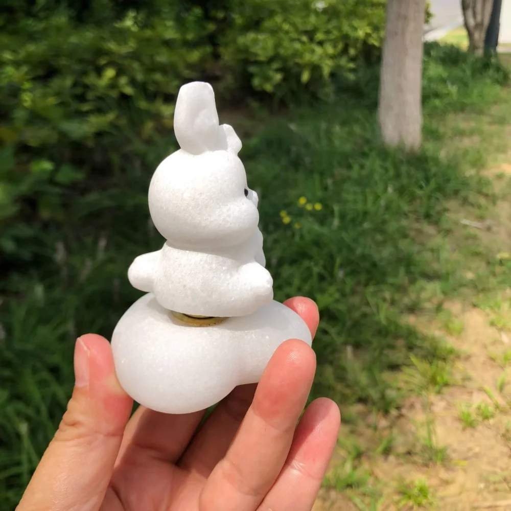 8.5cm Hand Carved White Marble Jade Rabbit Figurine Rotatable Healing Crystal Desktop Ornament Cute Home Decor Gift