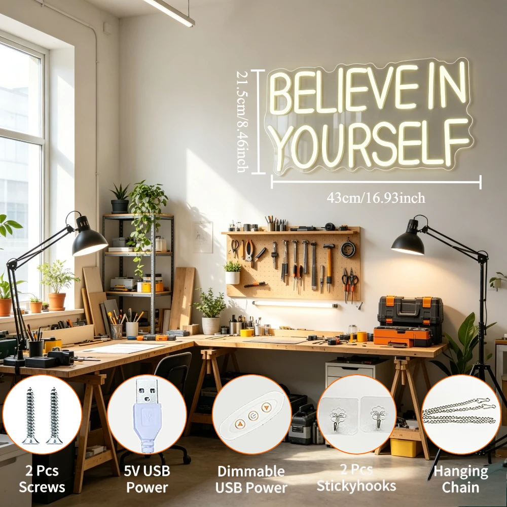 Insegna al neon 'Believe In Yo - Desk Setup Inspiration recensione e prezzo