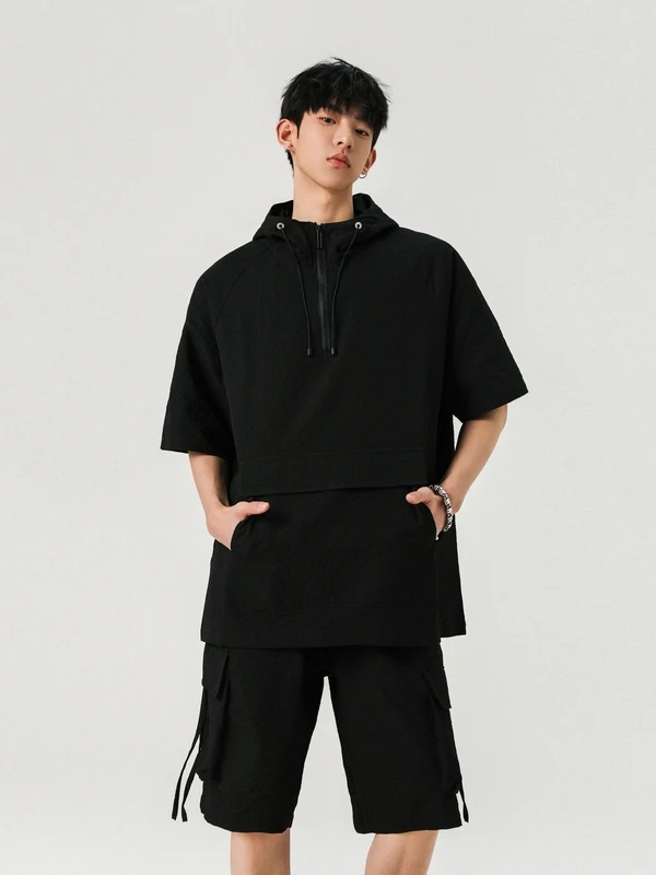 ชุดลำลองฤดูร้อนแบบสปอร์ต เสื้อฮู้ดดี้ทรงหลวม เสื้อยืด และกางเกงขาสั้น ผ้าใยโพลีเอสเตอร์ แฟชั่นวัยรุ่น ชุดทำงานแบบมีซิป