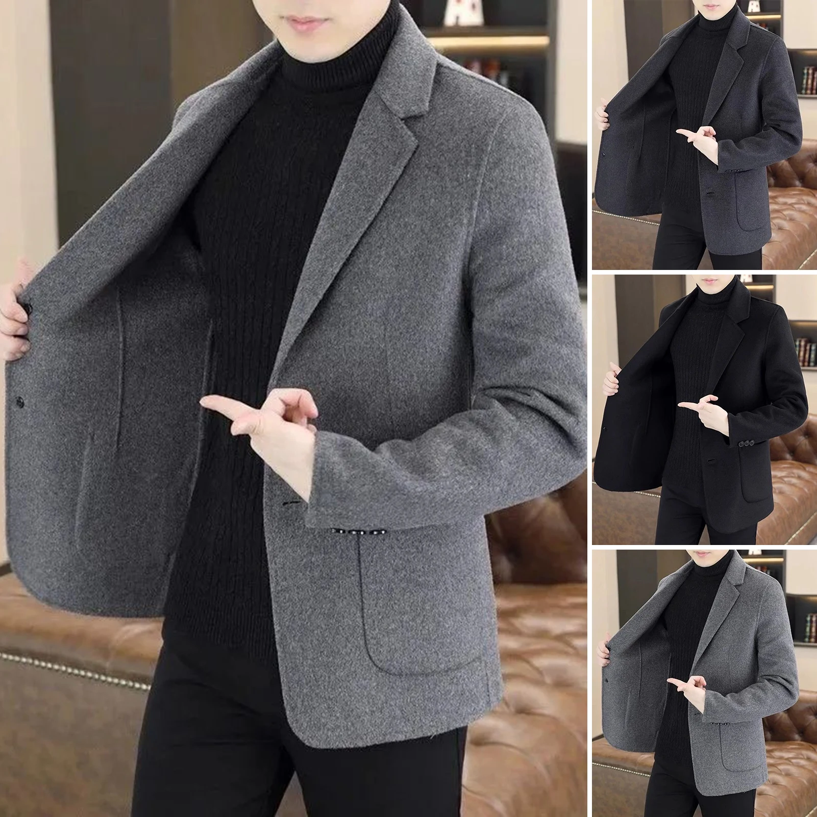 2024 Spring Autumn New Long Cotton Coat New Wool Blend Pure Color Casual Business Fashion Men\'s Clothing Slim Windbreaker Jacket