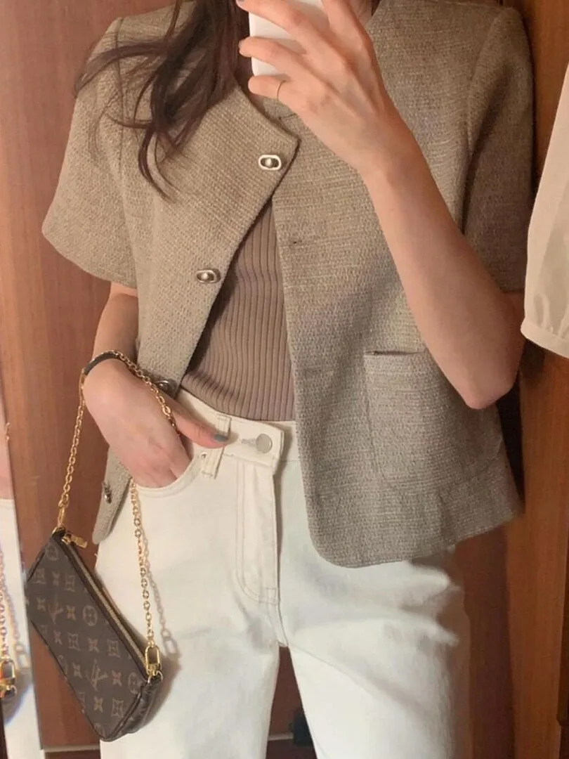 Elegant round Neck Short Sleeve Jacket Korean Style Spring Autumn Winter Women's Sweater Casual Fashion Streetwear