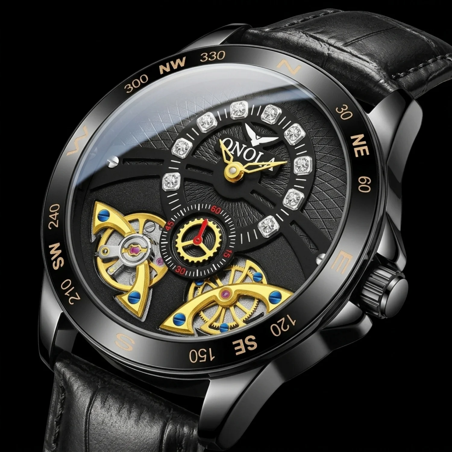 Montre mécanique automatique pour homme ONOLA, lunette compas, cadran squelette creux, décoration en strass, montre pour affaires et loisirs.