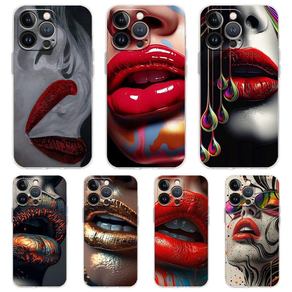 

Fashionable Lips Phone Case for iPhone 16 15 14 13 12 Pro Max Transparent Soft for iPhone 11 Pro Max 7 8 Plus XS XR Shell Capas