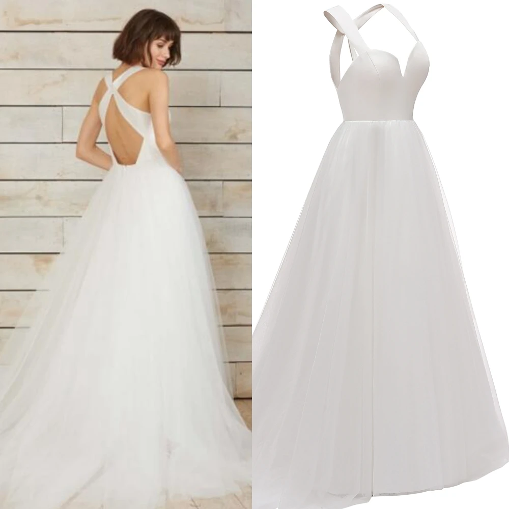 Einfache satin brautkleid X kreuz zurück spezielle design hochzeit kleid für braut fabrik preis real photo