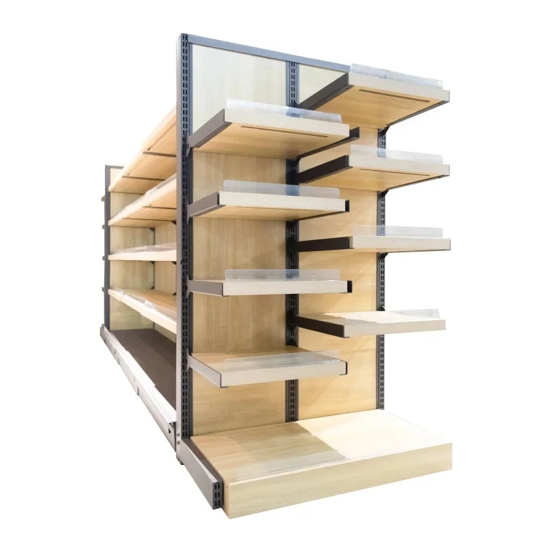custom.Wood Metal Double-Sided Light Duty Supermarket Display Rack Durable Shelving Grocery/Retail Stores Quick