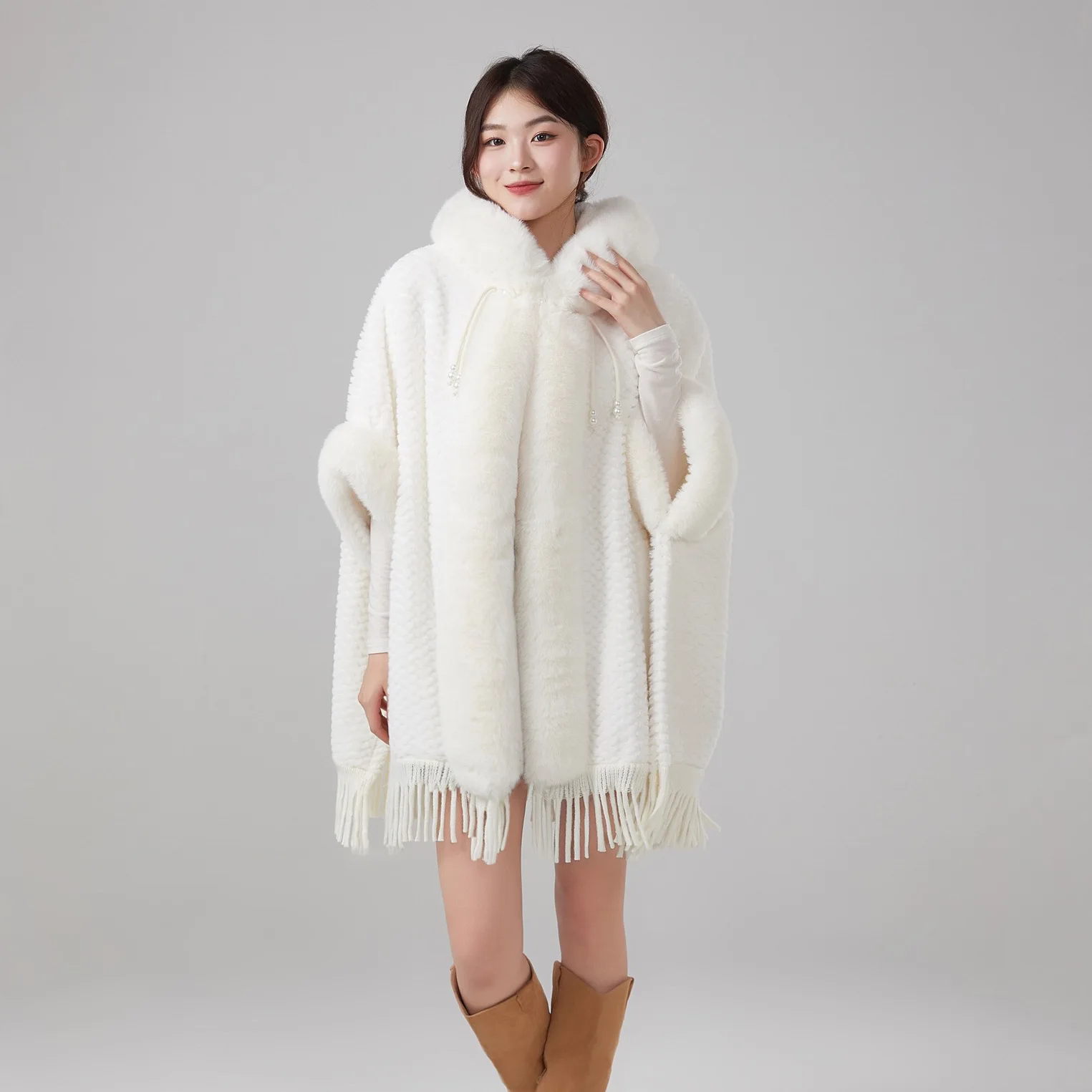 المعطف الخريف/الشتاء وصول جديد المرأة المتضخم فو الفراء مقنعين معطف ملفوف مريح مع هامش ومواد الصوف السميك P1 #3