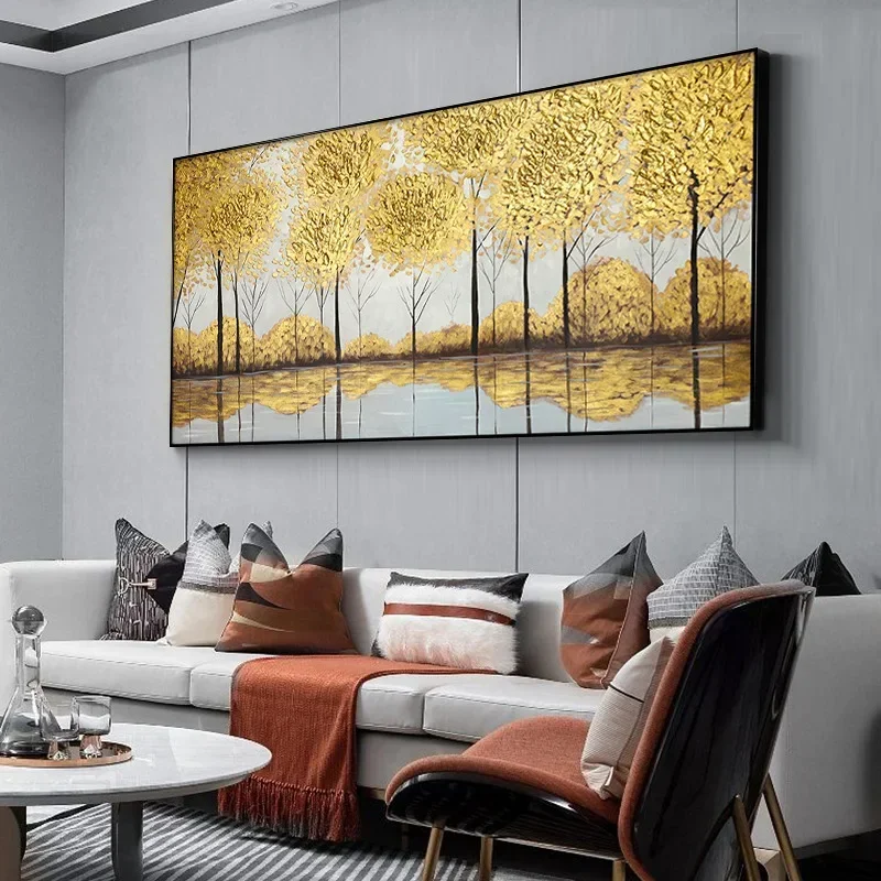 Living room golden tree hand-painted oil painting American sofa background wall decorative painting