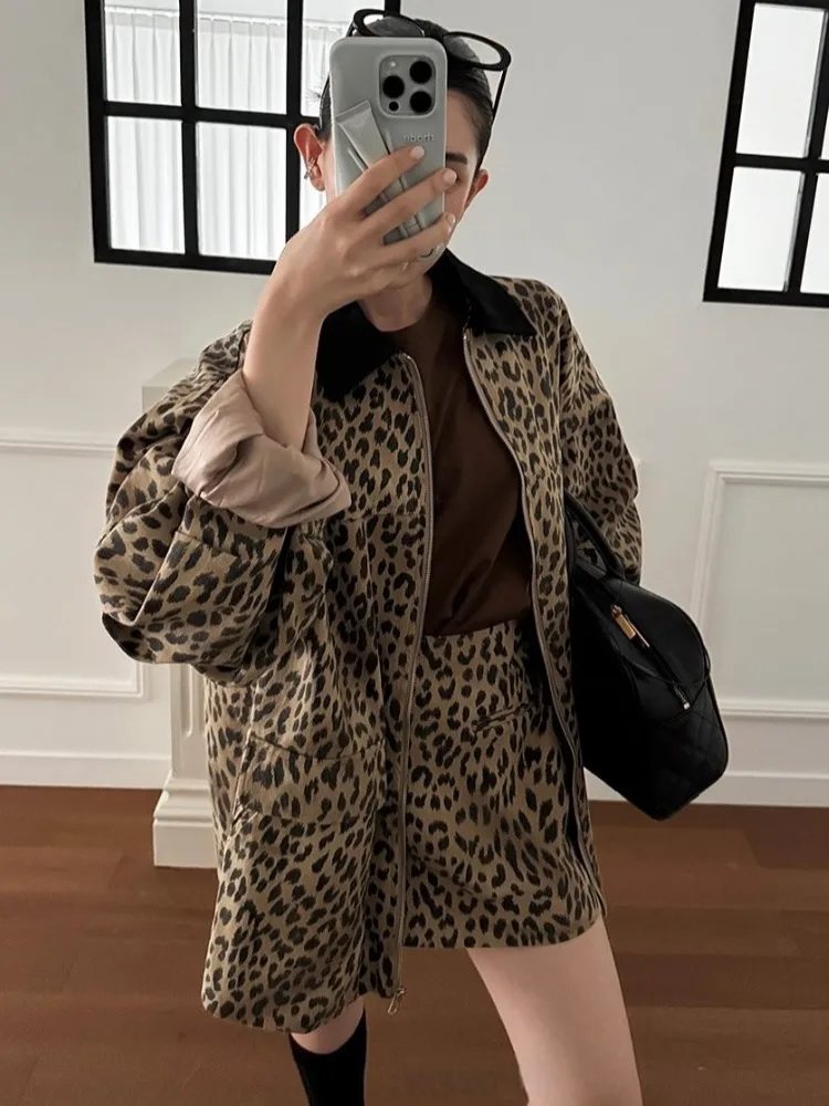

Retro Leopard Print Loose Fit Zipper Jaet High Waist Slimming f Skirt Pants Set Women's Faion Ensemble Casual Wear
