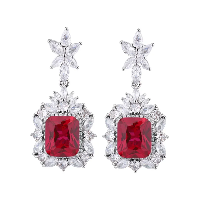 S925 Silver Plated 18K Gold Plated PT950 Platinum Red Corundum Retro Square Set Female Main Stone 10*12 Jewelry