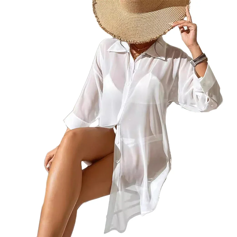 Shirts Swimwear Holiday Long Sleeve Chiffon Non Stretch Utra-thin White Swimwear Beach Dress Beach Shirt Bikini Cover-up Fashion