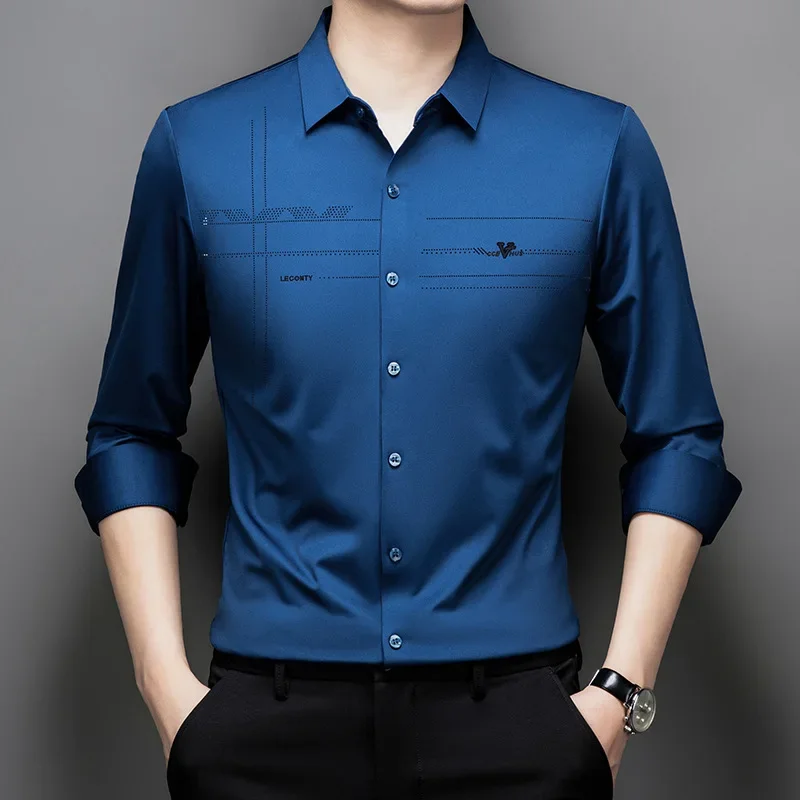 

Business Casual Long Sleeve Traceless Inch 24 Autumn New Men's Slim Fit Top Shirt Men's Printed Shirt