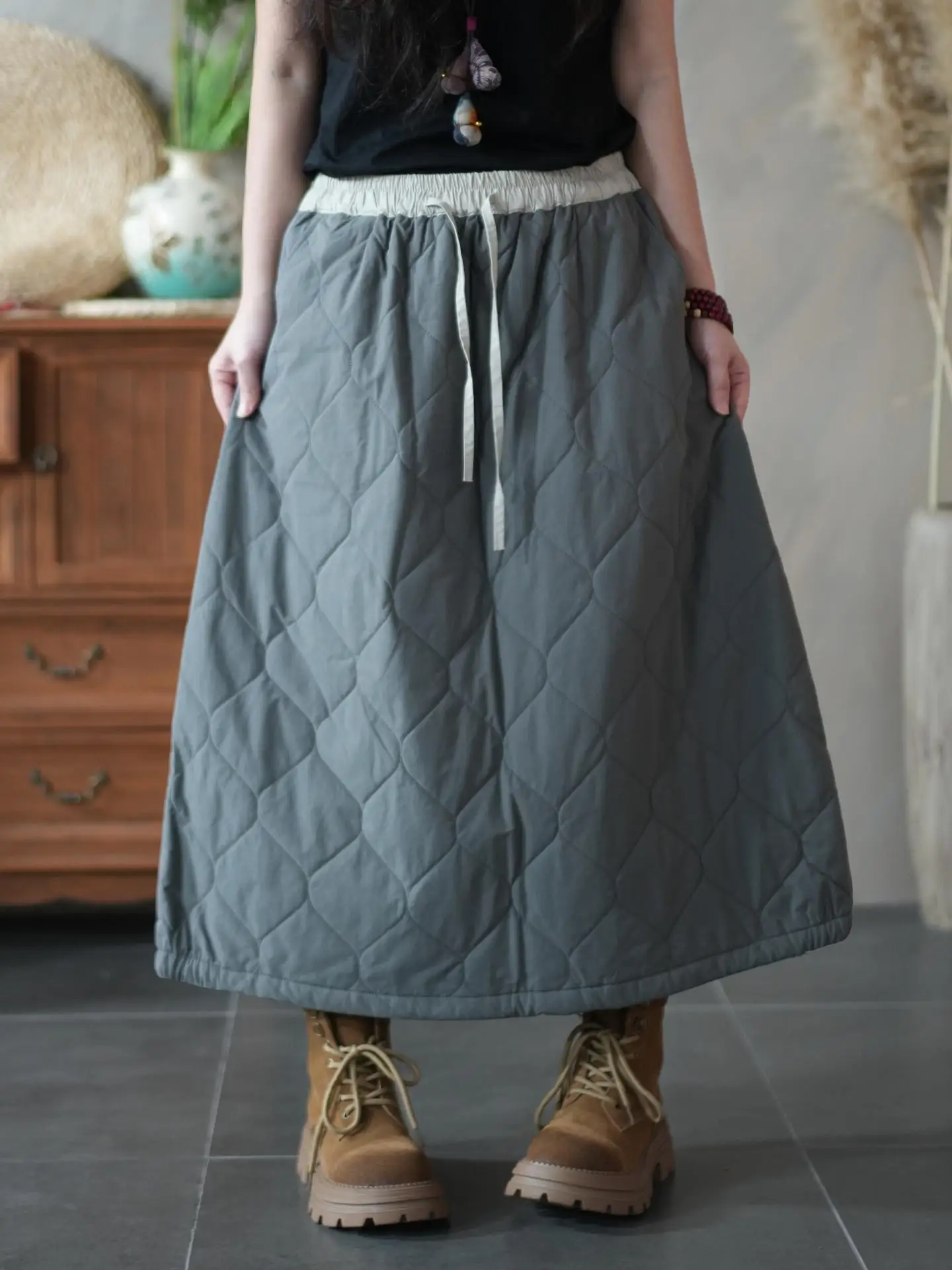 2025 New Arrival Autumn/winter Women Casual Loose Elastic Waist A-line Skirt Mid-calf Warm Thickened Cotton Skirts X114