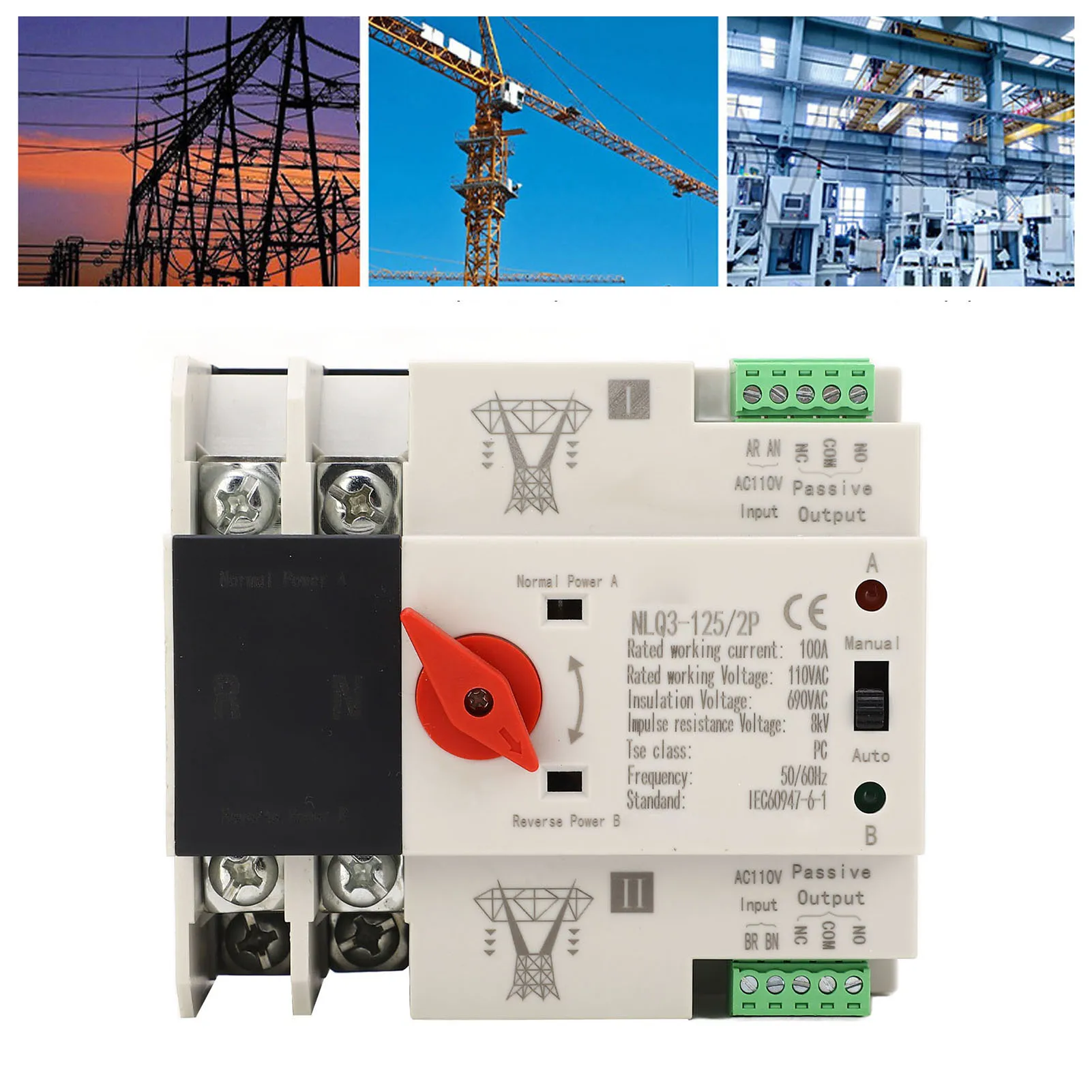 Power Automatic Transfer Switch 35mm Rail Mounting 2P ATS Generator Transfer Changeover Switch AC 110V 100A