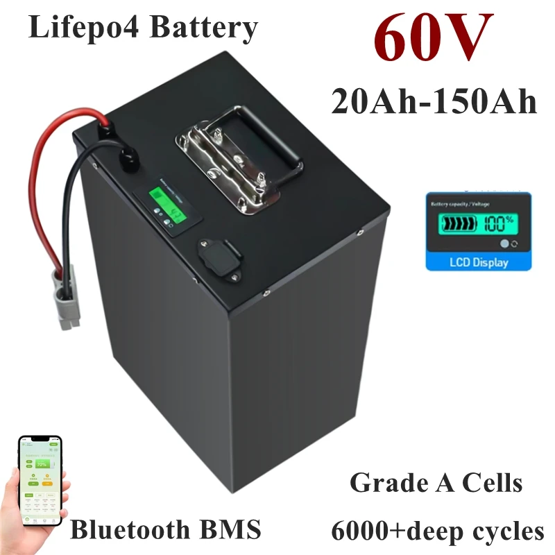 

Vti 100Ah 60V 60Ah 80Ah 30Ah 60V 40Ah 150Ah 120Ah lifepo4 Lithium battery with Bluetooth APP BMS for Scooter boat + charger
