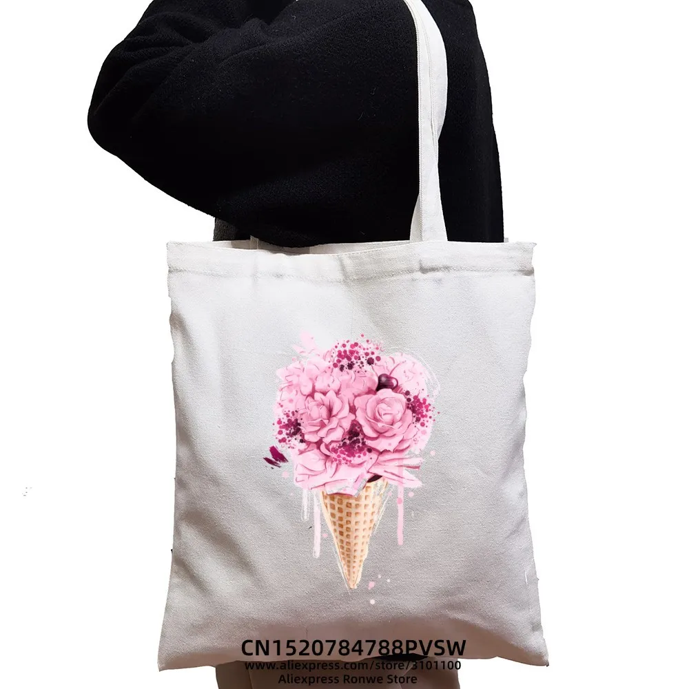 Ice Cream Flower Large-capacity Women Shopping Canvas Tote Bag Girl Female Lady Reusable Eco Shoulder Student Black Handbags