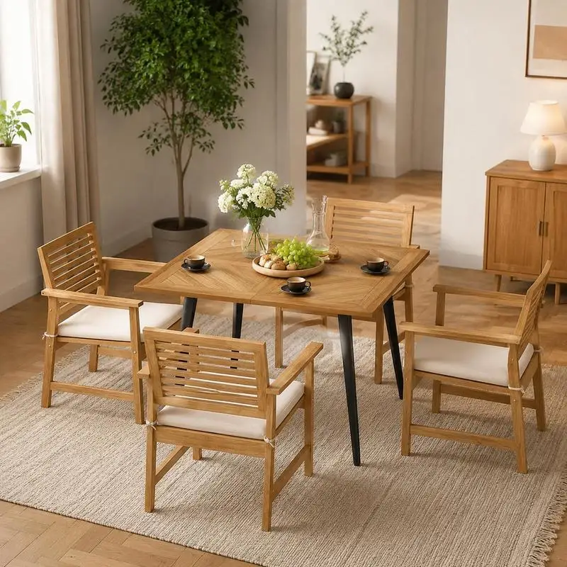 Table de jardin avec trou pour parasol, table de patio carrée en bois d'acacia pour 4 personnes