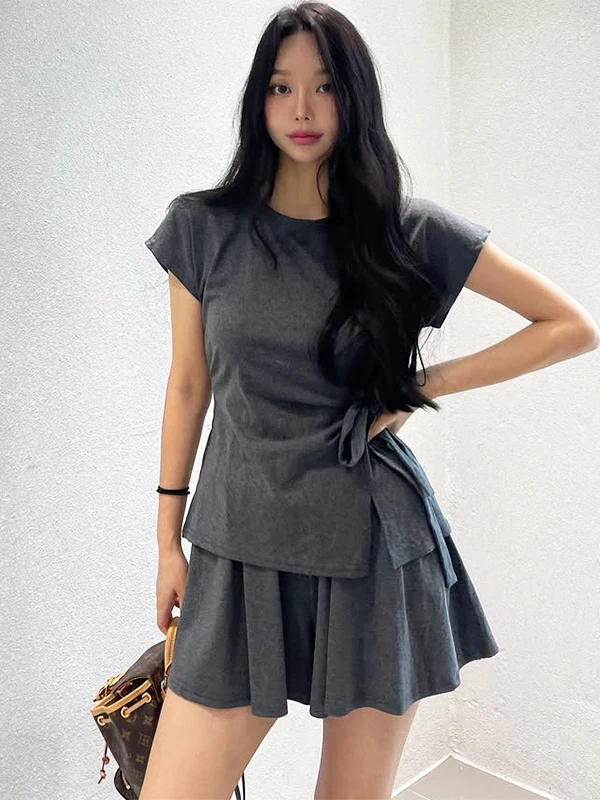 

Повседневная свободная женская летняя футболка ort Sve с застежкой на талии, плиссированная утягивающая юбка orts, комплект из двух предметов, удобная моя