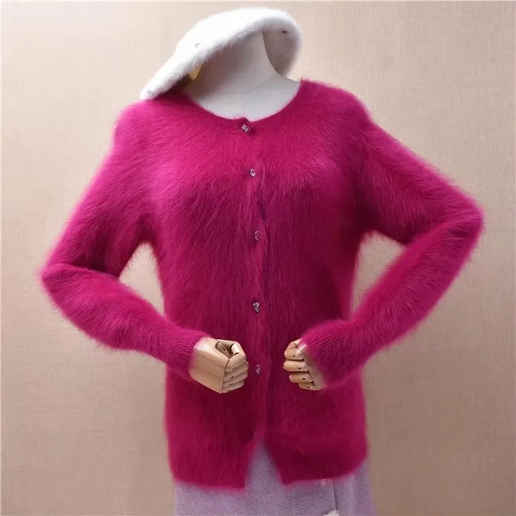 Damska odzież jesienno-zimowa Czerwony włochaty norkowy kaszmirowy dzianinowy ażurowy krótki crop top z okrągłym dekoltem luźny sweter pulower