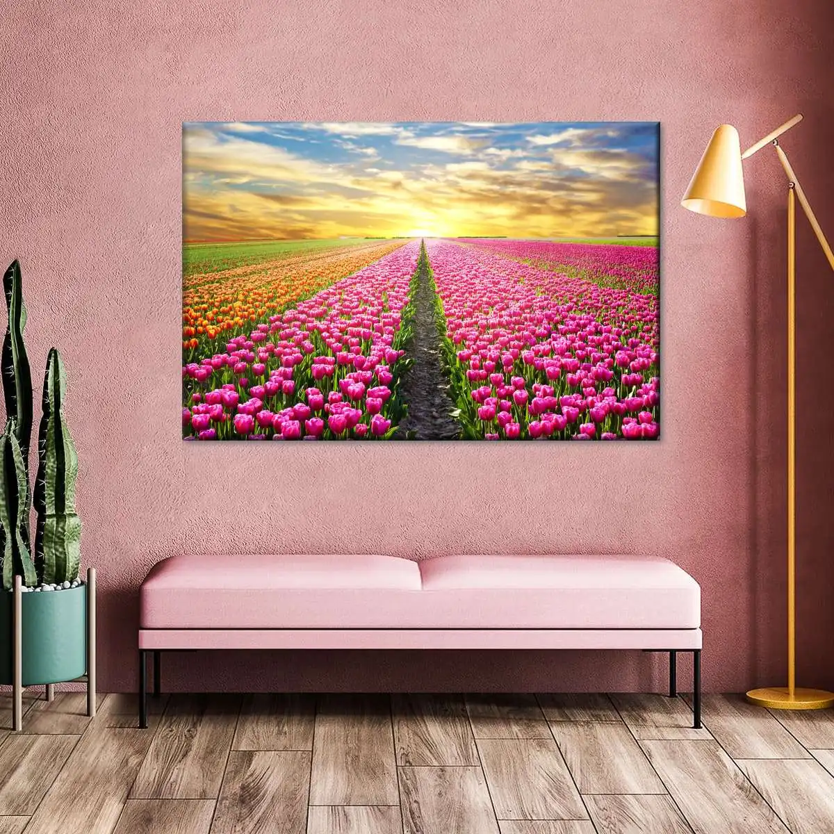 1pc, Colorful Tulip Field Sunset Wall Art, Tulip Farm Landscape Poster, Unframed Canvas Print for Bedroom Home Decor