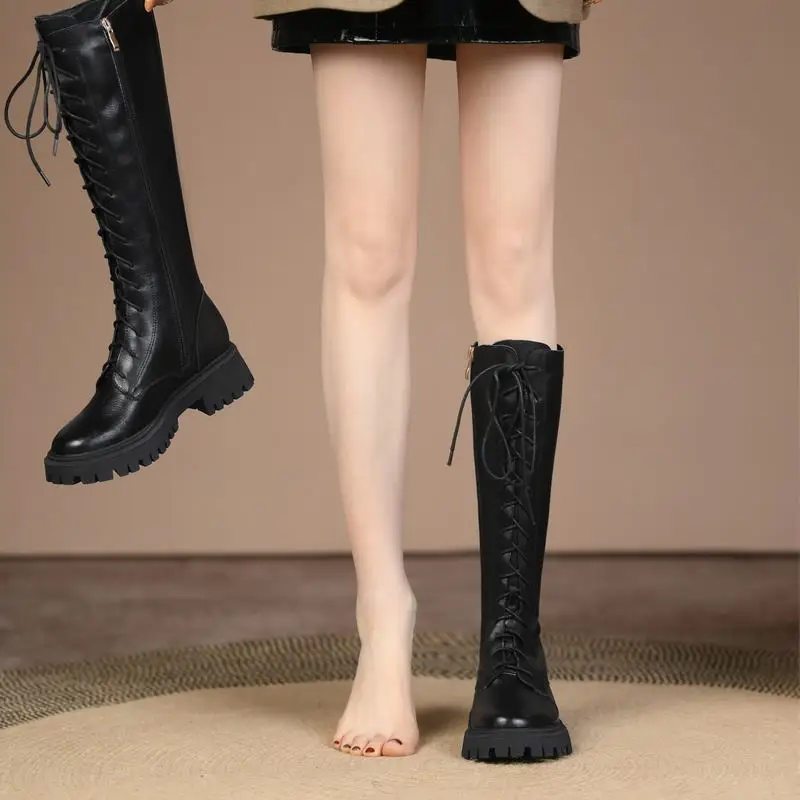 

MORAZORA Plus Size 34-43 Genuine Leather Boots Women Thick Fur Warm Winter Boots Lace Up Zipper Knee High Snow Boots Ladies Shoe