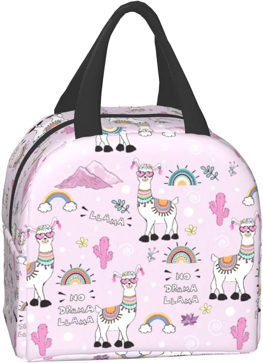 Cartoon Alpaca Lunch Bag Pink Cactus Reusable Lunch Tote Insulated Cooler Lunch Box Handbag for School Office Picnic Travel