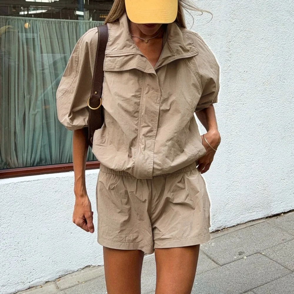 Cargo Style High Neck Zipper Jacket Wide Leg Pants Set Spring and Summer Women Texture Loose Soft Long Sleeved Jacket Pants 2Pcs