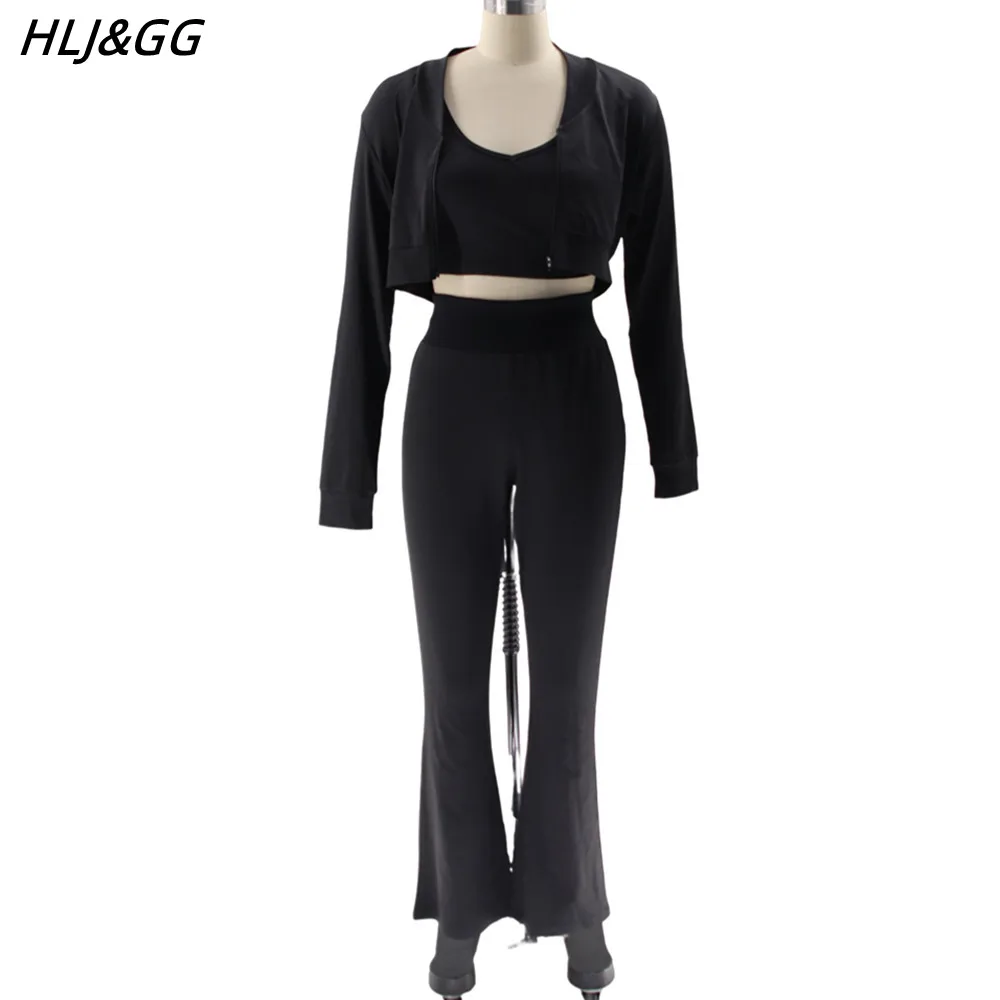 HLJ&GG Fashion Solid Skinny Pants 3 Piece Sets Women Low-cut Vest+Long Sleeve Coat+Pants Outfits Casual Female Sporty Clothing