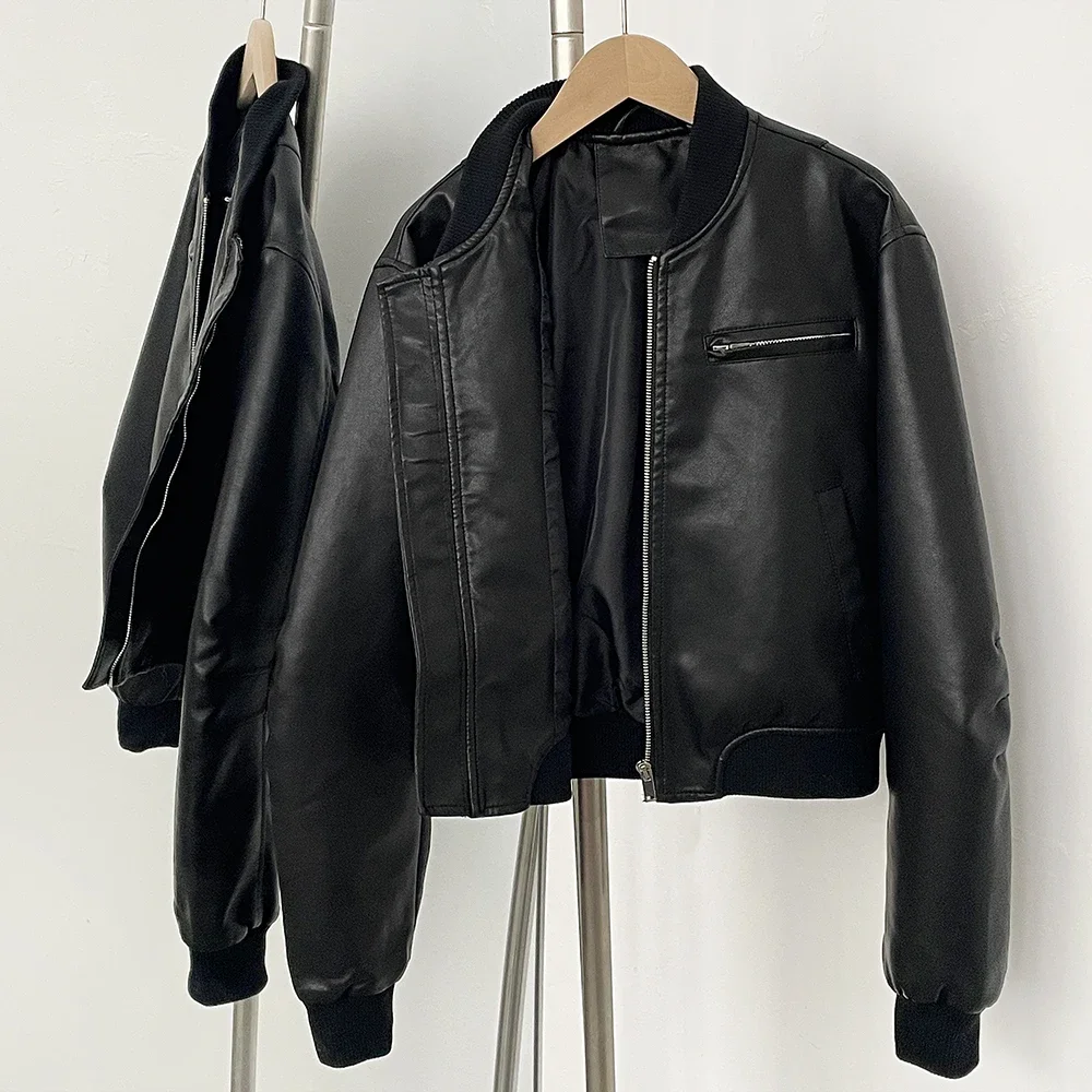 Women's Short Leather Jacket Casual PU Jacket Autumn and Winter New American Retro Loose Fashion Motorcycle Faux Leather Coat