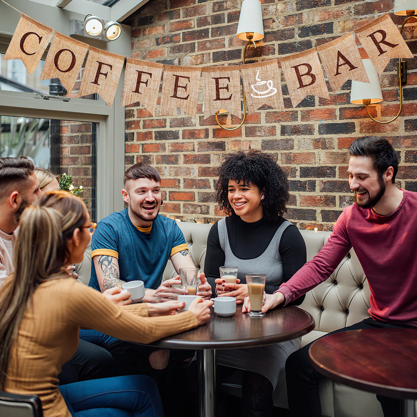 

Swallowtail Banner Party Decoration Linen Coffee Pattern Letter Hanging Banner for Gathering Personalized Rustic Photo Prop